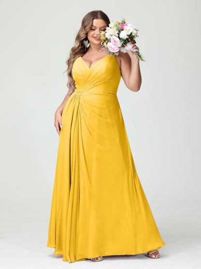 Forme Princesse Bretelles spaghetti Sans Manches Mousseline de soie Fendue sur le côté Grande taille Robes de demoiselle d'honneur avec Poches