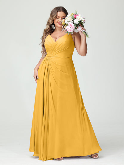 Forme Princesse Bretelles spaghetti Sans Manches Mousseline de soie Fendue sur le côté Grande taille Robes de demoiselle d'honneur avec Poches