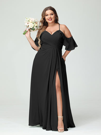 Forme Princesse Bretelles spaghetti Manches courtes Mousseline de soie Ruché Fendu sur le côté Grande taille Robes de demoiselle d'honneur avec poches