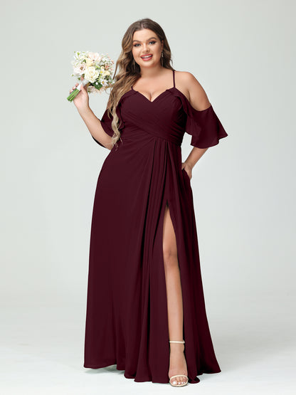 Forme Princesse Bretelles spaghetti Manches courtes Mousseline de soie Ruché Fendu sur le côté Grande taille Robes de demoiselle d'honneur avec poches