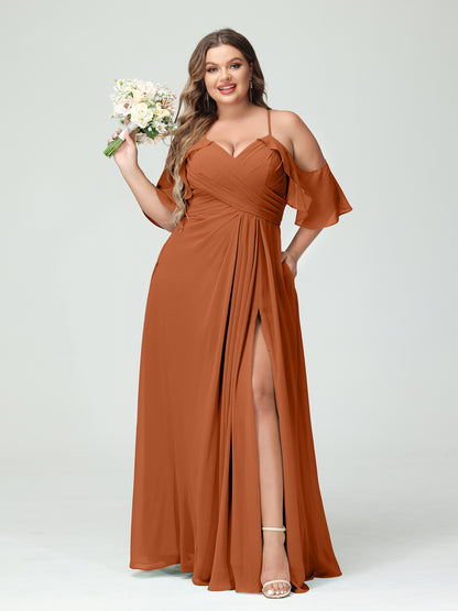 Forme Princesse Bretelles spaghetti Manches courtes Mousseline de soie Ruché Fendu sur le côté Grande taille Robes de demoiselle d'honneur avec poches