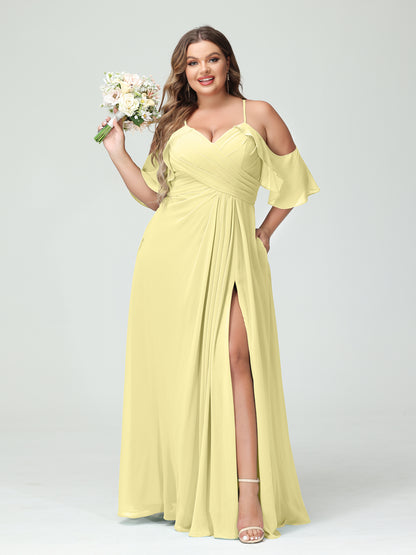 Forme Princesse Bretelles spaghetti Manches courtes Mousseline de soie Ruché Fendu sur le côté Grande taille Robes de demoiselle d'honneur avec poches