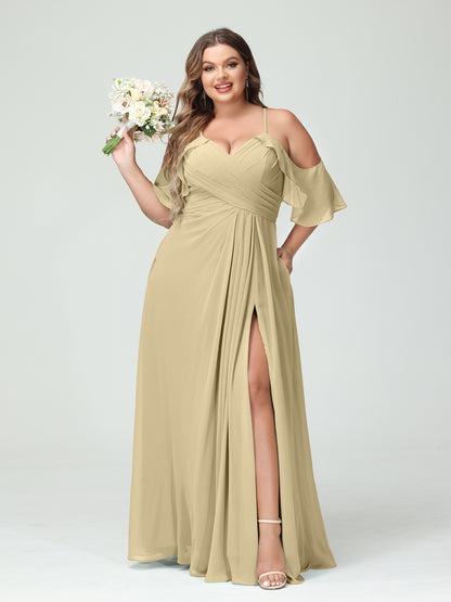 Forme Princesse Bretelles spaghetti Manches courtes Mousseline de soie Ruché Fendu sur le côté Grande taille Robes de demoiselle d'honneur avec poches