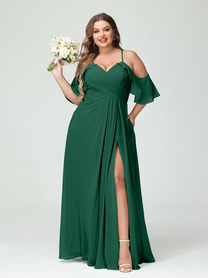 Forme Princesse Bretelles spaghetti Manches courtes Mousseline de soie Ruché Fendu sur le côté Grande taille Robes de demoiselle d'honneur avec poches