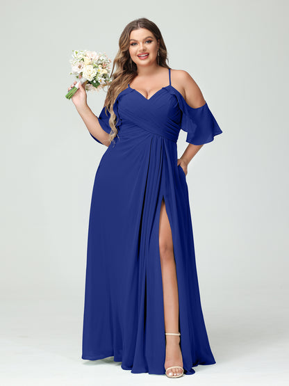 Forme Princesse Bretelles spaghetti Manches courtes Mousseline de soie Ruché Fendu sur le côté Grande taille Robes de demoiselle d'honneur avec poches