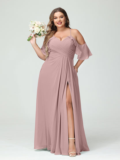 Forme Princesse Bretelles spaghetti Manches courtes Mousseline de soie Ruché Fendu sur le côté Grande taille Robes de demoiselle d'honneur avec poches