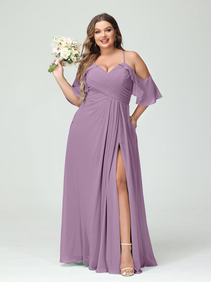 Forme Princesse Bretelles spaghetti Manches courtes Mousseline de soie Ruché Fendu sur le côté Grande taille Robes de demoiselle d'honneur avec poches