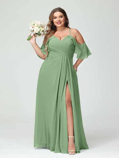 Forme Princesse Bretelles spaghetti Manches courtes Mousseline de soie Ruché Fendu sur le côté Grande taille Robes de demoiselle d'honneur avec poches