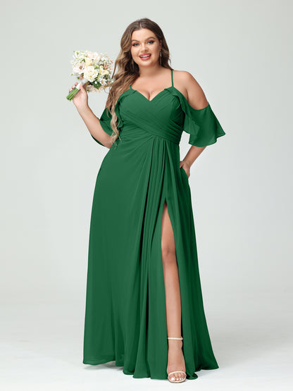 Forme Princesse Bretelles spaghetti Manches courtes Mousseline de soie Ruché Fendu sur le côté Grande taille Robes de demoiselle d'honneur avec poches