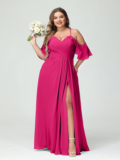 Forme Princesse Bretelles spaghetti Manches courtes Mousseline de soie Ruché Fendu sur le côté Grande taille Robes de demoiselle d'honneur avec poches