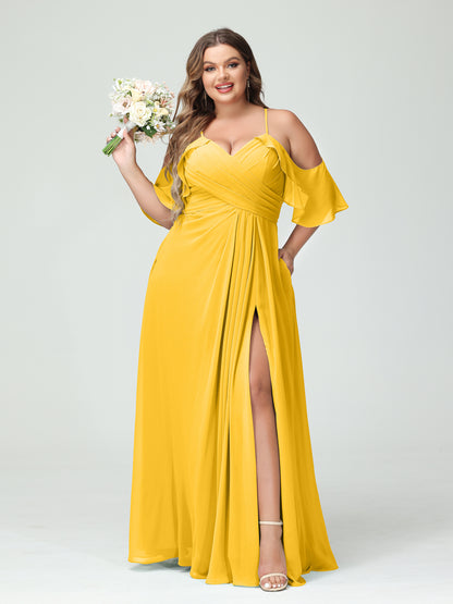 Forme Princesse Bretelles spaghetti Manches courtes Mousseline de soie Ruché Fendu sur le côté Grande taille Robes de demoiselle d'honneur avec poches