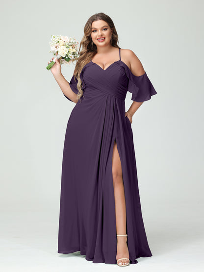 Forme Princesse Bretelles spaghetti Manches courtes Mousseline de soie Ruché Fendu sur le côté Grande taille Robes de demoiselle d'honneur avec poches