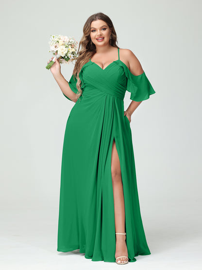 Forme Princesse Bretelles spaghetti Manches courtes Mousseline de soie Ruché Fendu sur le côté Grande taille Robes de demoiselle d'honneur avec poches