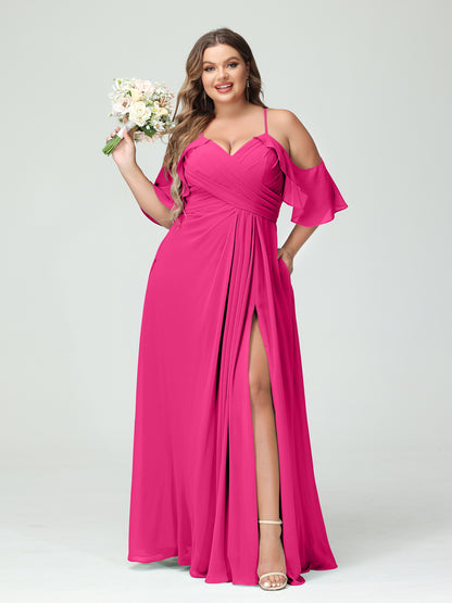 Forme Princesse Bretelles spaghetti Manches courtes Mousseline de soie Ruché Fendu sur le côté Grande taille Robes de demoiselle d'honneur avec poches