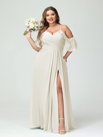 Forme Princesse Bretelles spaghetti Manches courtes Mousseline de soie Ruché Fendu sur le côté Grande taille Robes de demoiselle d'honneur avec poches