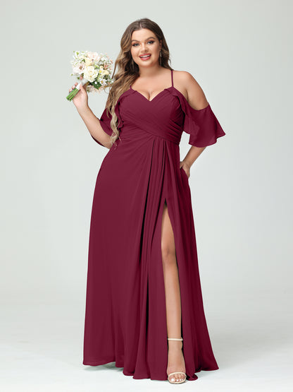 Forme Princesse Bretelles spaghetti Manches courtes Mousseline de soie Ruché Fendu sur le côté Grande taille Robes de demoiselle d'honneur avec poches