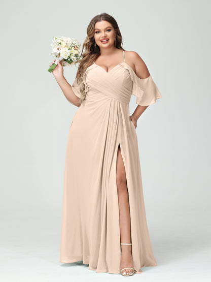 Forme Princesse Bretelles spaghetti Manches courtes Mousseline de soie Ruché Fendu sur le côté Grande taille Robes de demoiselle d'honneur avec poches
