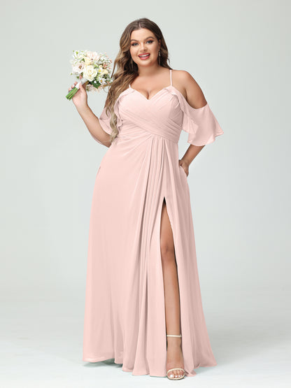 Forme Princesse Bretelles spaghetti Manches courtes Mousseline de soie Ruché Fendu sur le côté Grande taille Robes de demoiselle d'honneur avec poches