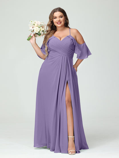 Forme Princesse Bretelles spaghetti Manches courtes Mousseline de soie Ruché Fendu sur le côté Grande taille Robes de demoiselle d'honneur avec poches