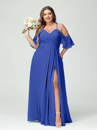 Forme Princesse Bretelles spaghetti Manches courtes Mousseline de soie Ruché Fendu sur le côté Grande taille Robes de demoiselle d'honneur avec poches