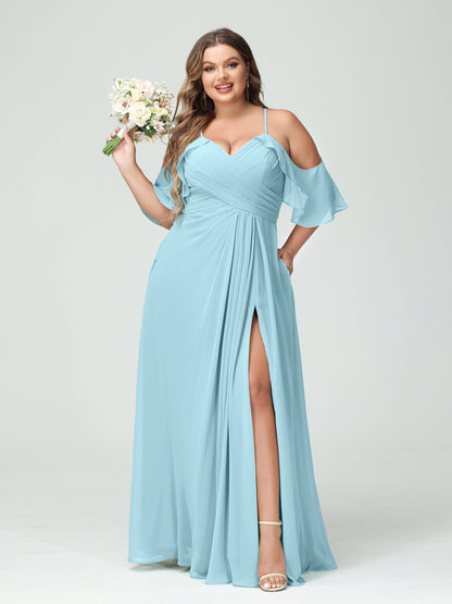 Forme Princesse Bretelles spaghetti Manches courtes Mousseline de soie Ruché Fendu sur le côté Grande taille Robes de demoiselle d'honneur avec poches