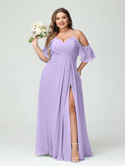 Forme Princesse Bretelles spaghetti Manches courtes Mousseline de soie Ruché Fendu sur le côté Grande taille Robes de demoiselle d'honneur avec poches