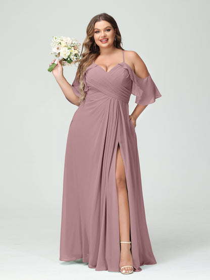 Forme Princesse Bretelles spaghetti Manches courtes Mousseline de soie Ruché Fendu sur le côté Grande taille Robes de demoiselle d'honneur avec poches