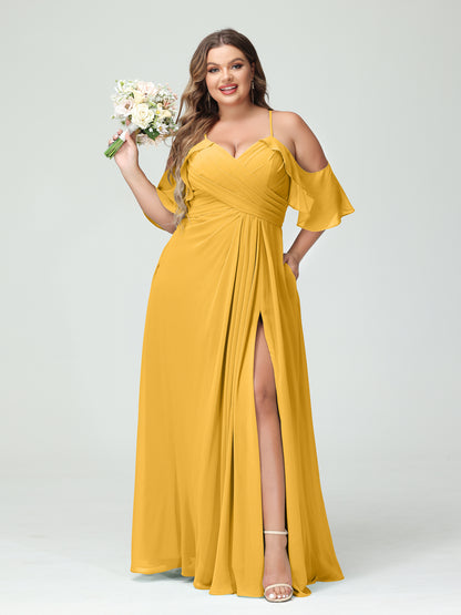 Forme Princesse Bretelles spaghetti Manches courtes Mousseline de soie Ruché Fendu sur le côté Grande taille Robes de demoiselle d'honneur avec poches