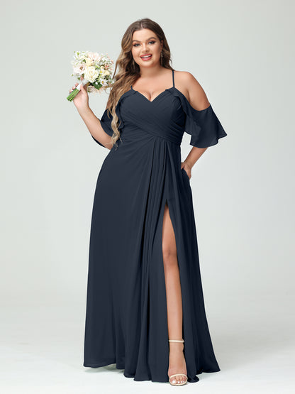 Forme Princesse Bretelles spaghetti Manches courtes Mousseline de soie Ruché Fendu sur le côté Grande taille Robes de demoiselle d'honneur avec poches
