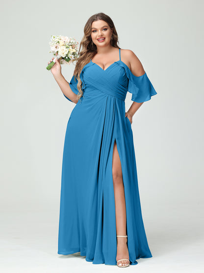 Forme Princesse Bretelles spaghetti Manches courtes Mousseline de soie Ruché Fendu sur le côté Grande taille Robes de demoiselle d'honneur avec poches