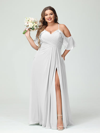 Forme Princesse Bretelles spaghetti Manches courtes Mousseline de soie Ruché Fendu sur le côté Grande taille Robes de demoiselle d'honneur avec poches