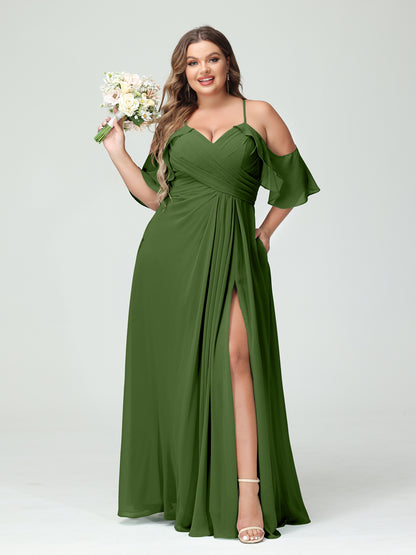 Forme Princesse Bretelles spaghetti Manches courtes Mousseline de soie Ruché Fendu sur le côté Grande taille Robes de demoiselle d'honneur avec poches