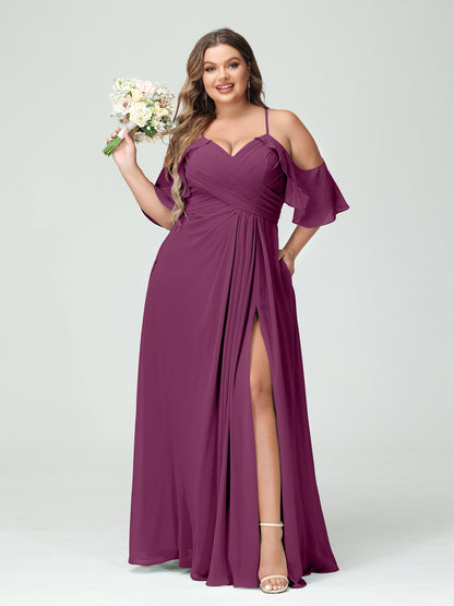 Forme Princesse Bretelles spaghetti Manches courtes Mousseline de soie Ruché Fendu sur le côté Grande taille Robes de demoiselle d'honneur avec poches