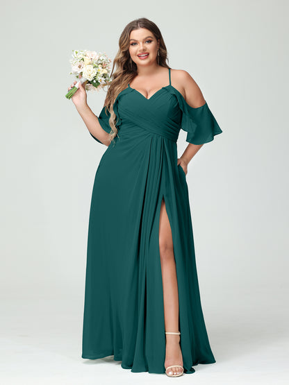 Forme Princesse Bretelles spaghetti Manches courtes Mousseline de soie Ruché Fendu sur le côté Grande taille Robes de demoiselle d'honneur avec poches