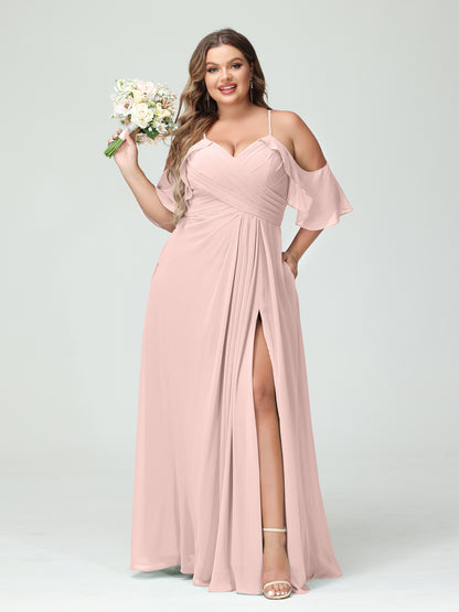 Forme Princesse Bretelles spaghetti Manches courtes Mousseline de soie Ruché Fendu sur le côté Grande taille Robes de demoiselle d'honneur avec poches