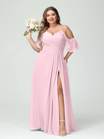 Forme Princesse Bretelles spaghetti Manches courtes Mousseline de soie Ruché Fendu sur le côté Grande taille Robes de demoiselle d'honneur avec poches