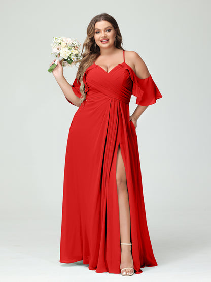 Forme Princesse Bretelles spaghetti Manches courtes Mousseline de soie Ruché Fendu sur le côté Grande taille Robes de demoiselle d'honneur avec poches