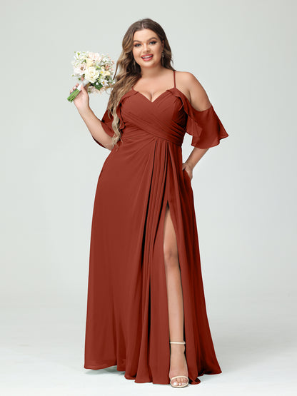 Forme Princesse Bretelles spaghetti Manches courtes Mousseline de soie Ruché Fendu sur le côté Grande taille Robes de demoiselle d'honneur avec poches
