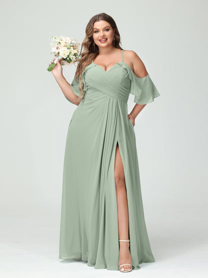 Forme Princesse Bretelles spaghetti Manches courtes Mousseline de soie Ruché Fendu sur le côté Grande taille Robes de demoiselle d'honneur avec poches