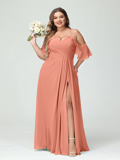 Forme Princesse Bretelles spaghetti Manches courtes Mousseline de soie Ruché Fendu sur le côté Grande taille Robes de demoiselle d'honneur avec poches