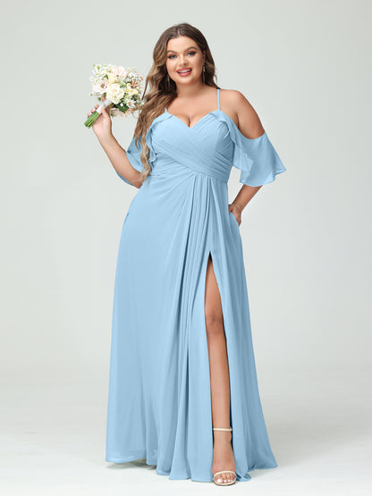 Forme Princesse Bretelles spaghetti Manches courtes Mousseline de soie Ruché Fendu sur le côté Grande taille Robes de demoiselle d'honneur avec poches
