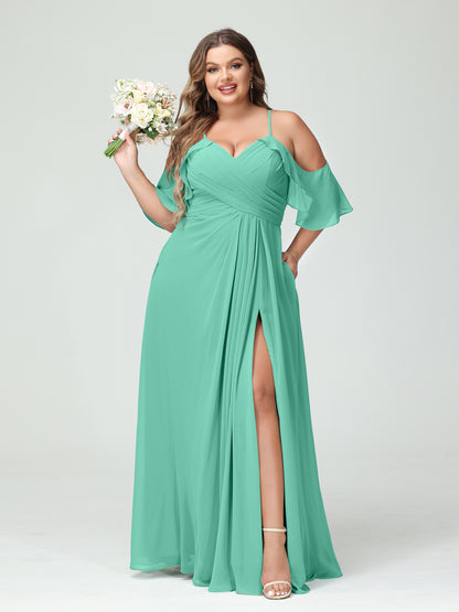 Forme Princesse Bretelles spaghetti Manches courtes Mousseline de soie Ruché Fendu sur le côté Grande taille Robes de demoiselle d'honneur avec poches