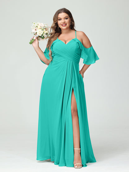 Forme Princesse Bretelles spaghetti Manches courtes Mousseline de soie Ruché Fendu sur le côté Grande taille Robes de demoiselle d'honneur avec poches