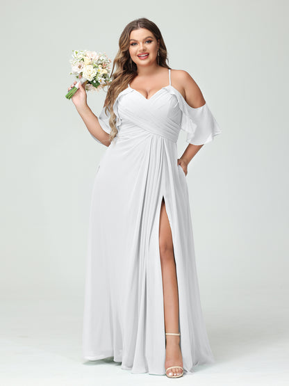 Forme Princesse Bretelles spaghetti Manches courtes Mousseline de soie Ruché Fendu sur le côté Grande taille Robes de demoiselle d'honneur avec poches
