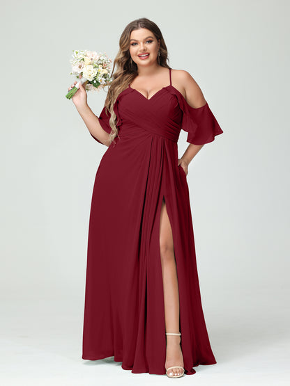 Forme Princesse Bretelles spaghetti Manches courtes Mousseline de soie Ruché Fendu sur le côté Grande taille Robes de demoiselle d'honneur avec poches