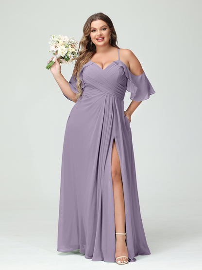 Forme Princesse Bretelles spaghetti Manches courtes Mousseline de soie Ruché Fendu sur le côté Grande taille Robes de demoiselle d'honneur avec poches