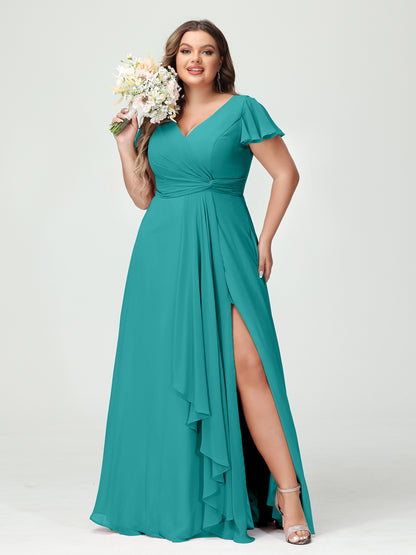 Forme Princesse Col V Manches courtes Mousseline de soie Volants Fendue sur le côté Grande taille Robes de demoiselle d'honneur avec poches