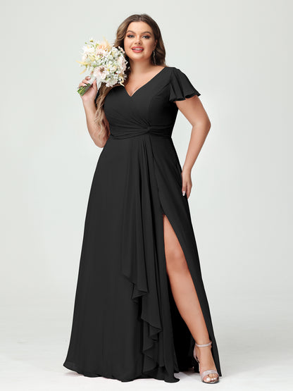 Forme Princesse Col V Manches courtes Mousseline de soie Volants Fendue sur le côté Grande taille Robes de demoiselle d'honneur avec poches