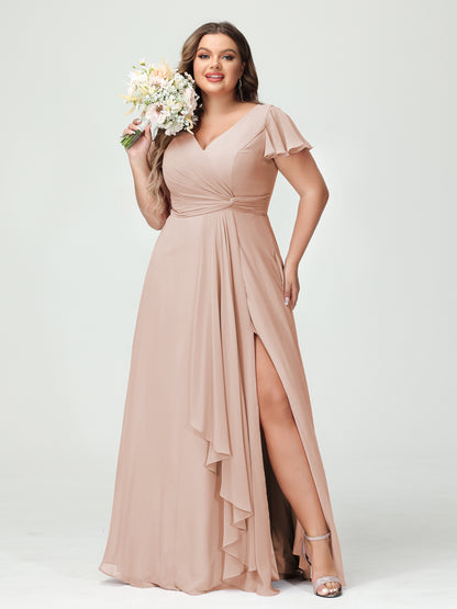 Forme Princesse Col V Manches courtes Mousseline de soie Volants Fendue sur le côté Grande taille Robes de demoiselle d'honneur avec poches