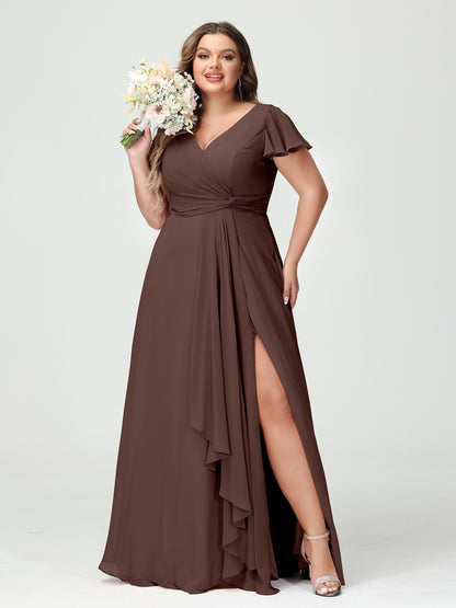Forme Princesse Col V Manches courtes Mousseline de soie Volants Fendue sur le côté Grande taille Robes de demoiselle d'honneur avec poches